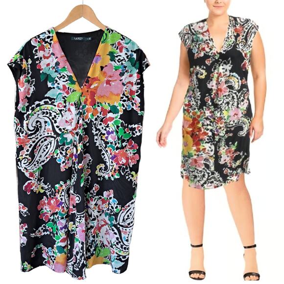 LAUREN Ralph Lauren Dark Floral Print Swingy Shift Dress Size 14 Cap Sleeve - Picture 1 of 11